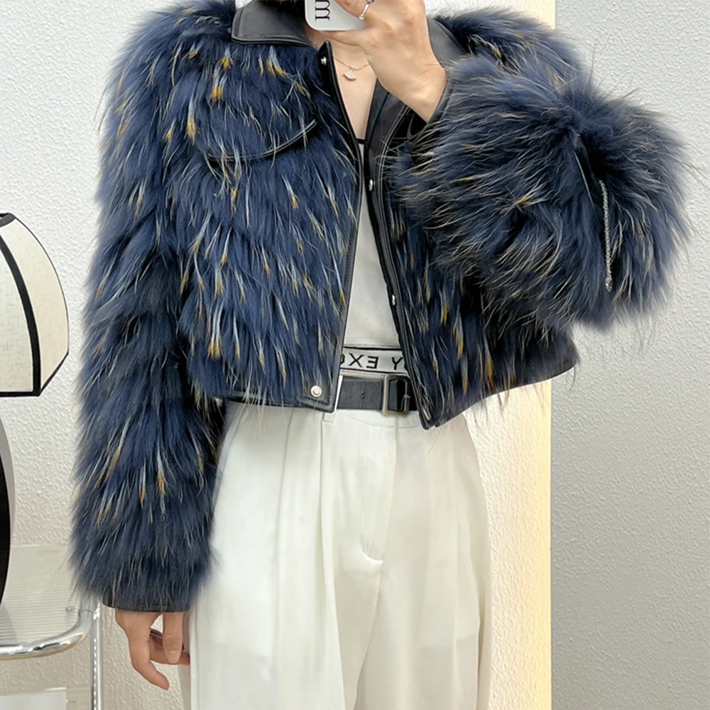 

Women's Real Raccoon Fur Strips Coat Female Winter Jacket Natural Fur Streetwear Genuine Sheepskin Leather Turn-down Collar