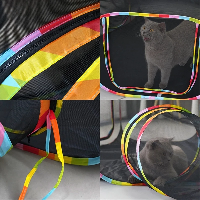 Tunnel Toy Funny Pet Rainbow Strips Playing Tubes with Foldable Cubes Foldable Tunnel Toy Indoor Play Kitten Tube