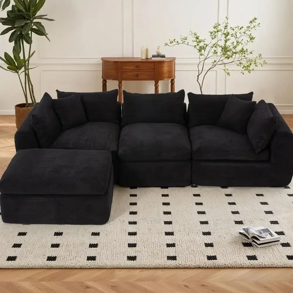 Southern L-Shaped Cloud Sofa with Deep Seat and Ottoman, No Assembly Required, Black