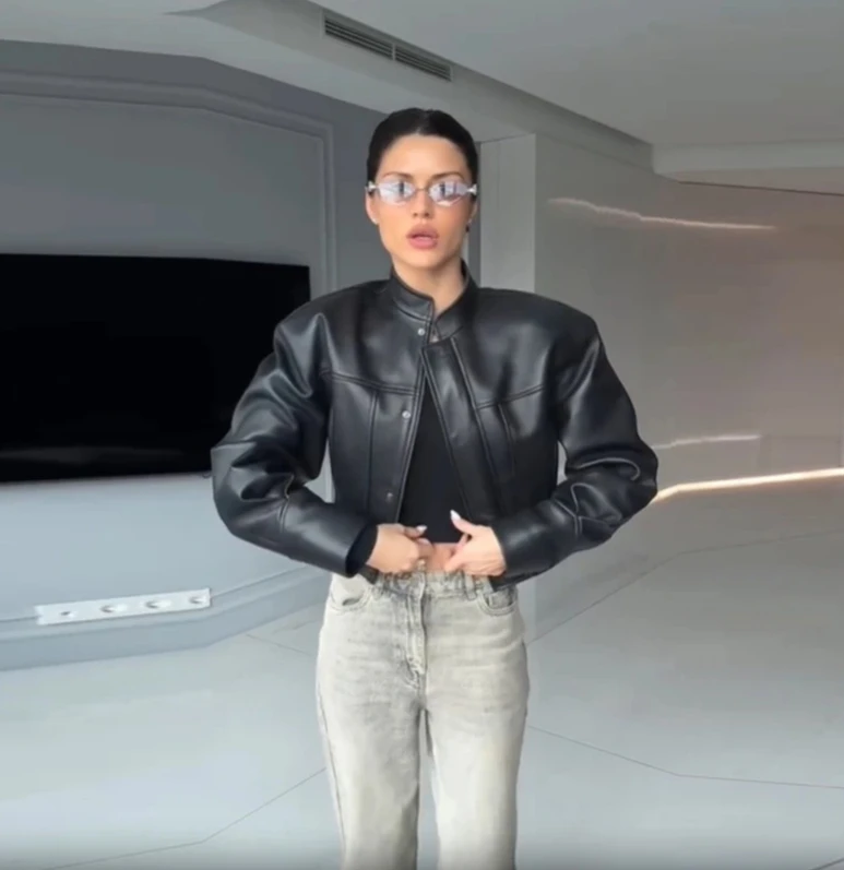 Jaqueta de couro sintético slim fit feminina clássica moto biker jaqueta primavera outono casaco básico com zíper