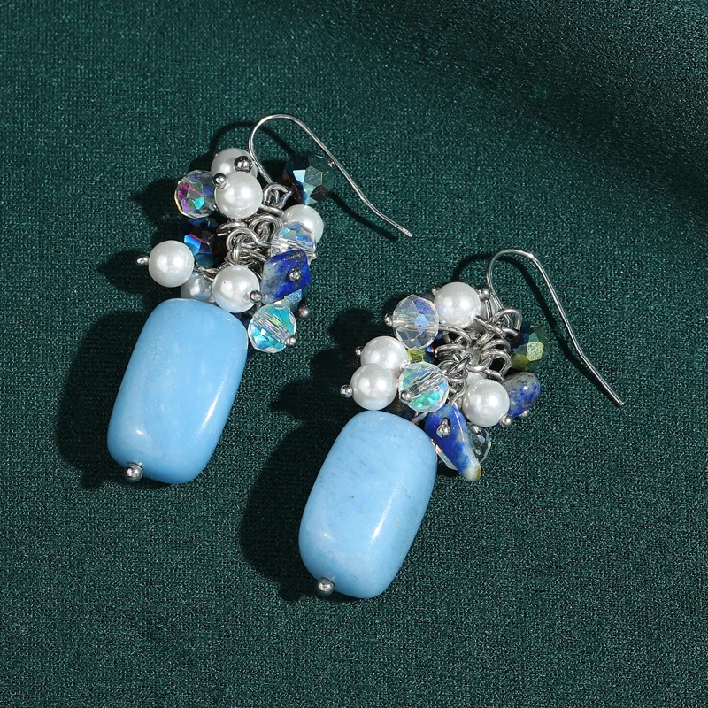 

Vintage Large Pearl Flower Earrings For Women Drop Blue Stone Pendant Jewelry Luxury Antique Accessory Girlfriend Birthday Gift