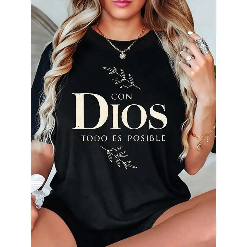 

Women's Letter & Leaf Print Round Neck Tee, Casual Short Sleeve Crew Neck T-shirt for Summer, Fashion Women's Top for Daily Wear