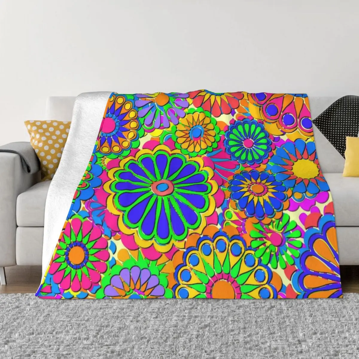 Bright Colorful Flower Power Hippy Retro Style Throw Blanket Softest Luxury Designer for babies Blankets