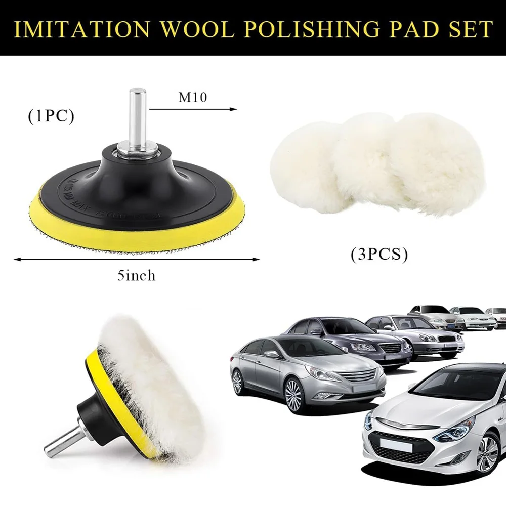 5 inchWool Polishing Buffing Pad Polisher Buffing Wheel Wool Pads with M10 Drill Rod Adapter Hook Loop Back Auto Wool Polishing