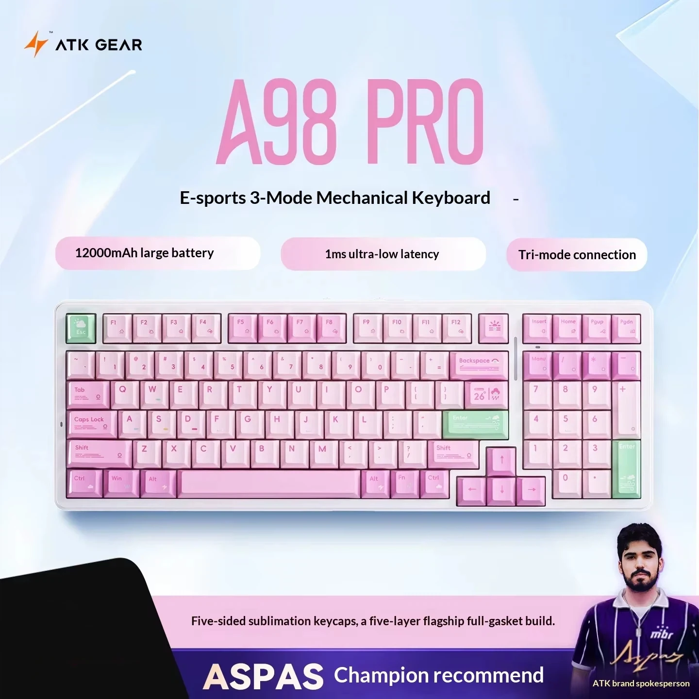 

Механическая клавиатура Atk Gear A98 Pro с 3 режимами, сублимационными кейкапами, беспроводным Bluetooth, 12000 мАч, задержкой 1 мс для киберспорта и игр