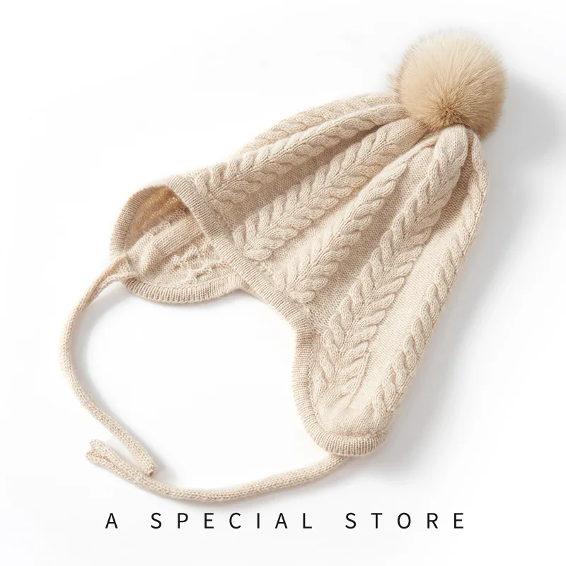 Women's Cashmere Hat New Women's High-End Knitted Hat Outdoor Warm Twisted Hairball Hat Ear Cap Knitted Casual Hat