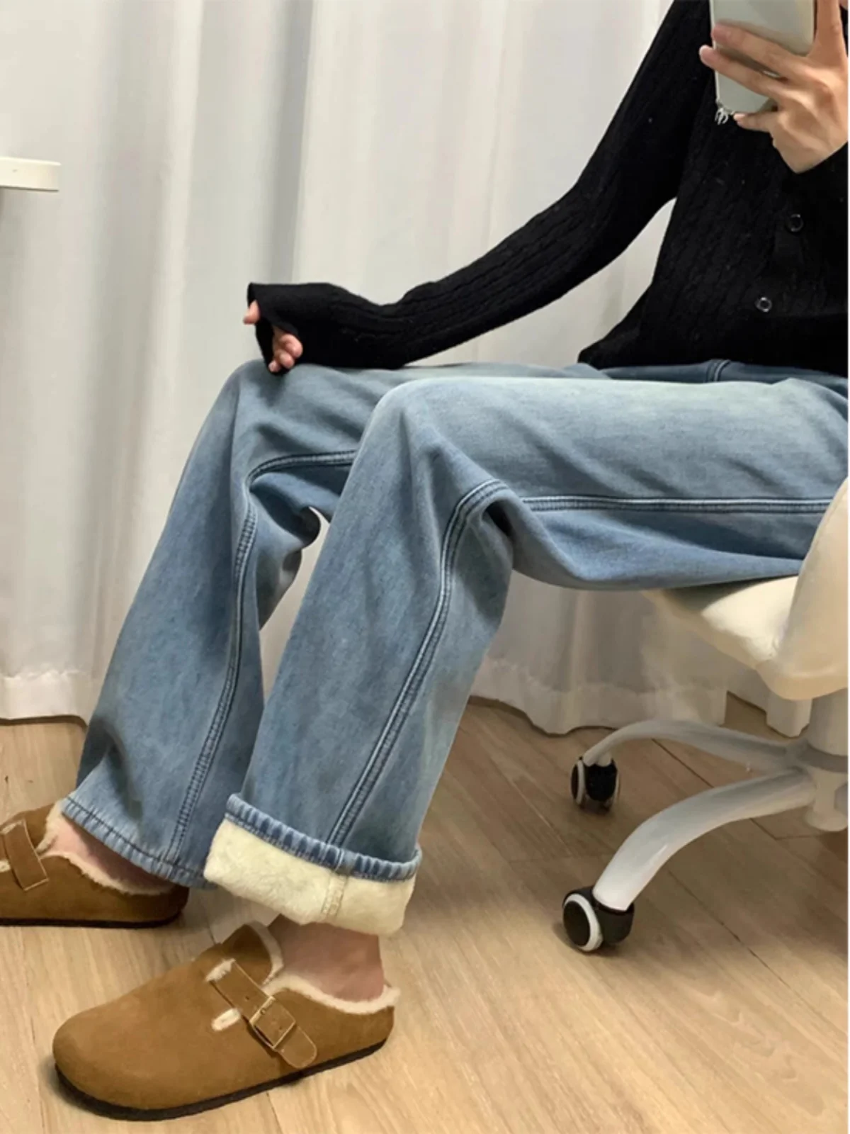 

plus Size Thickened Fleece Denim Pants Women's High Waist Straight Leg Wide Leg Jeans Spring New Style Slimming Effect