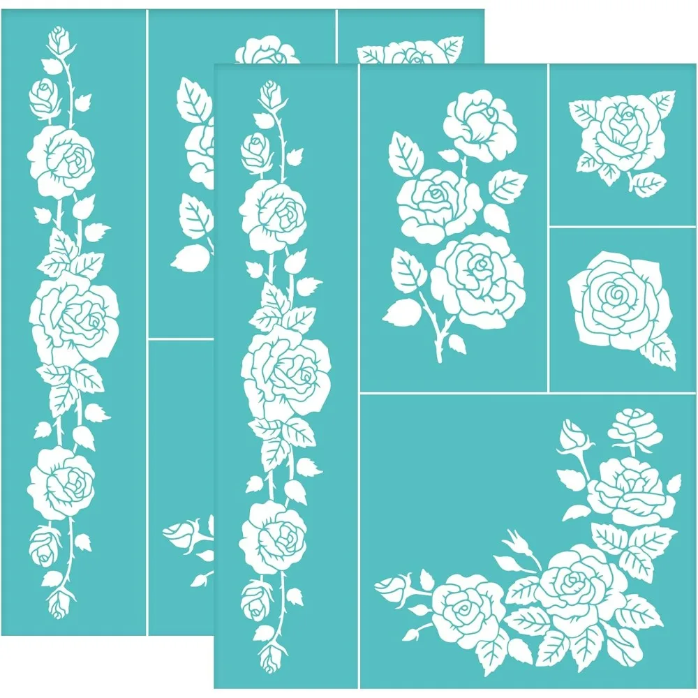 2 Pcs Rose Self-Adhesive Silk Screen Printing Stencil Rose Bud Leaf Mesh Transfer Stencil Reusable Silk Screen Stencil