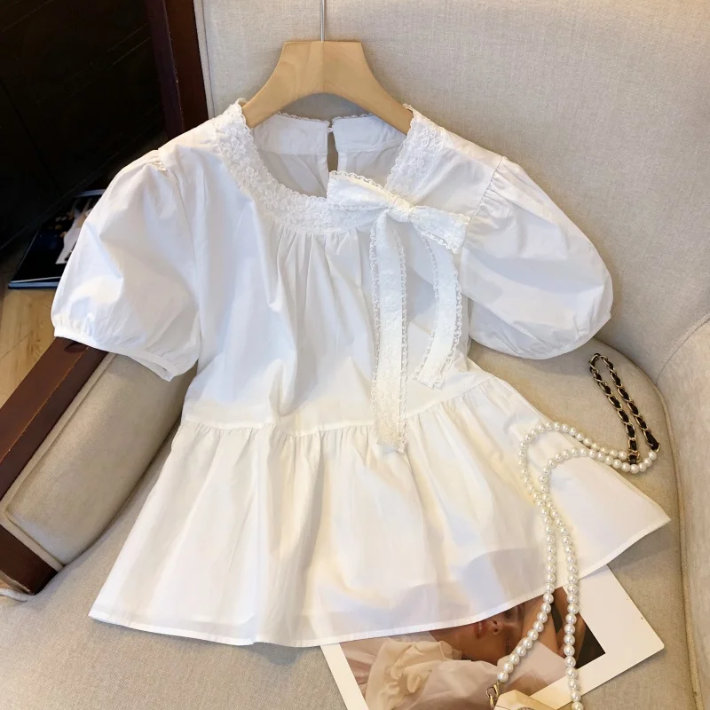 

Sweet Lace Edge Patchwork Lace Up Puff Sleeves Causal Shirt for Women Summer 2025 New