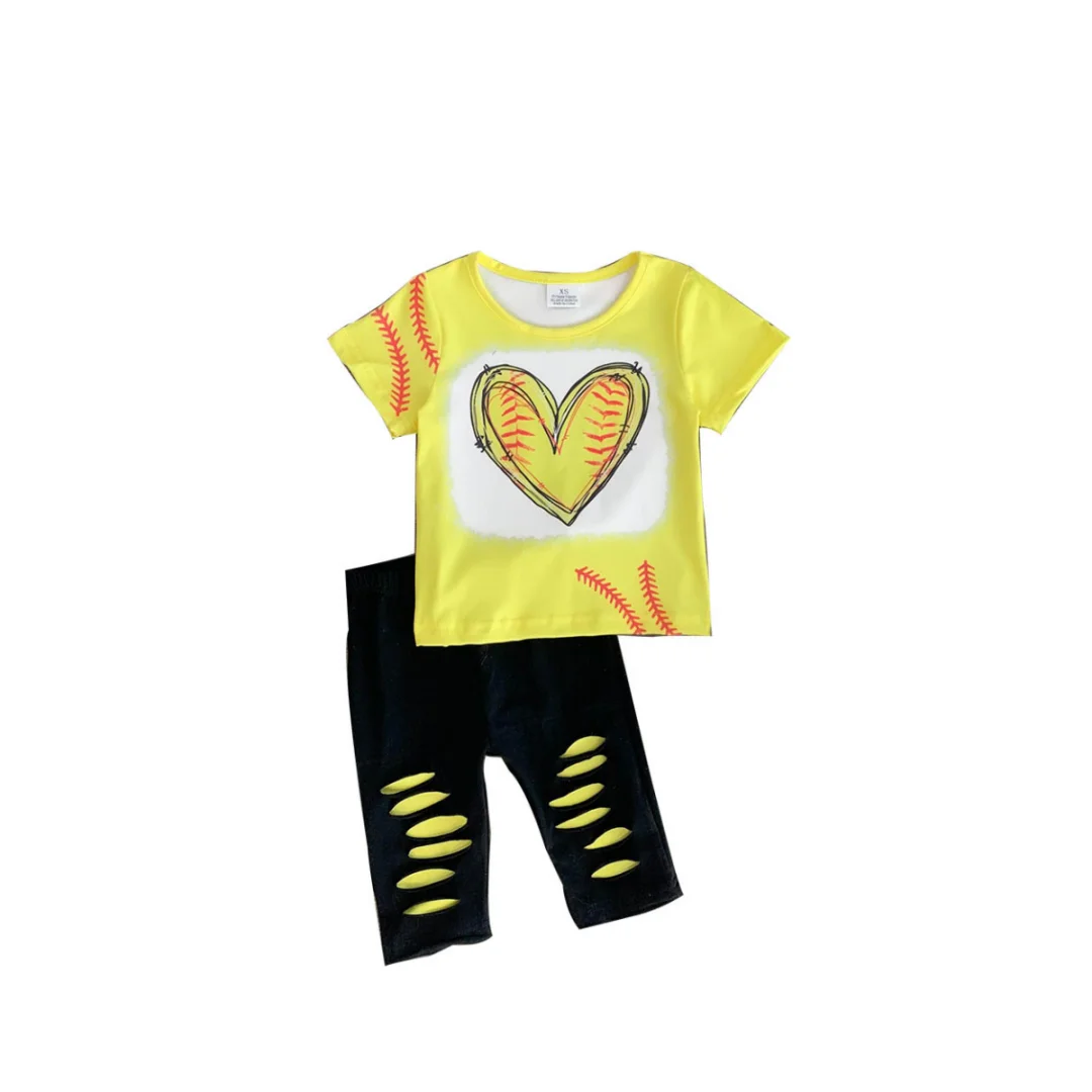 

Summer Boutique Girl Clothing Sports Style Yellow Short-sleeved Top Ripped Pants Children's Clothing Wholesale