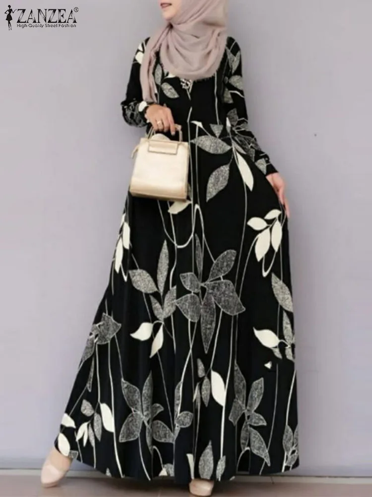 Zanzea Frauen Langarm Vintage Blumen gedruckt Maxi kleid Frühling Bohemian Muslim Abaya lange Vestido Robe Femme Urlaub Sommerkleid