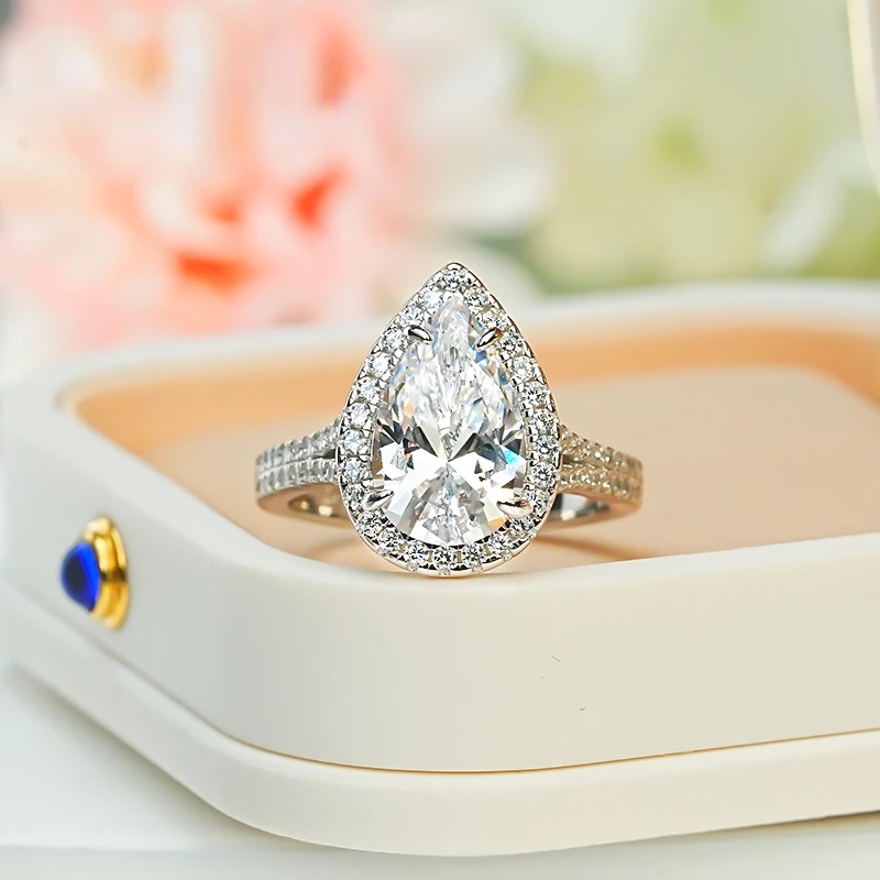 Light luxury ice flower cut water drop diamond ring for women 925 silver temperament, niche and high-end feeling