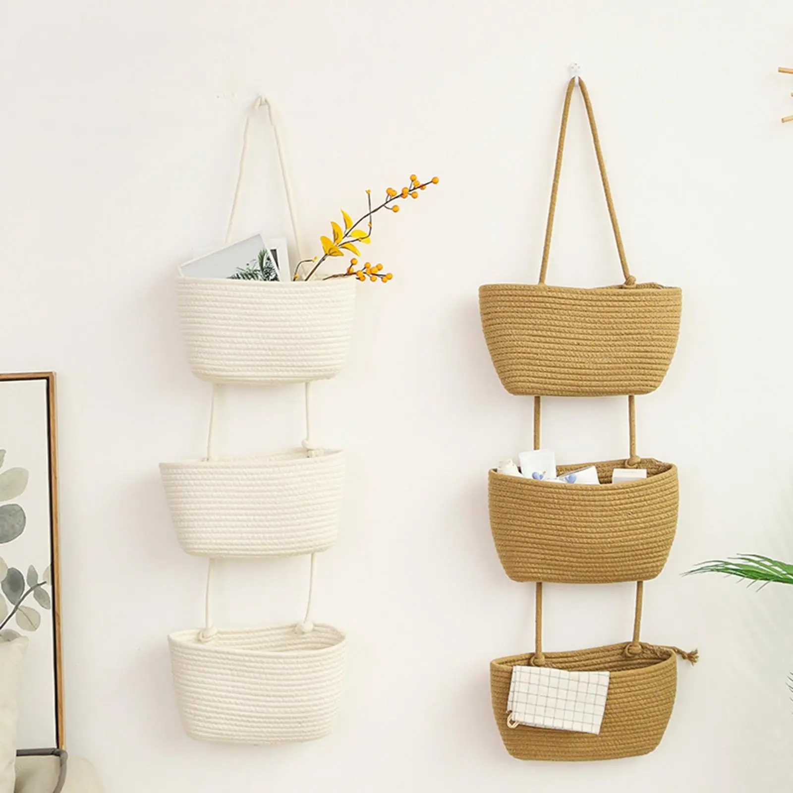 Cotton Rope 3 Tier Hanging Basket Wall Mount Organizer Hand Woven Multifunctional Decorative Magazine Rack for Kids Room Holder