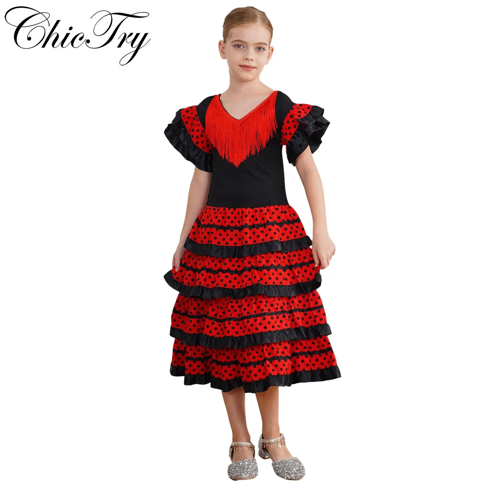 Kinderen Meisjes Flamenco Kostuum Maxi Lengte Gelaagde Jurk Spaanse Danseres Fancy Dress Up Halloween Canival Cosplay Party Outfits