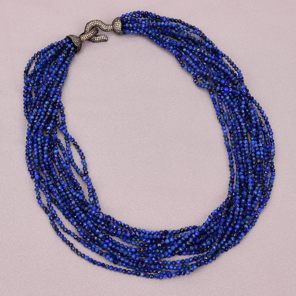 GG Multi 14 Rows Natural Blue Lapis Lazuli Faceted Round Beads Necklace Cz Hook Clasp 19