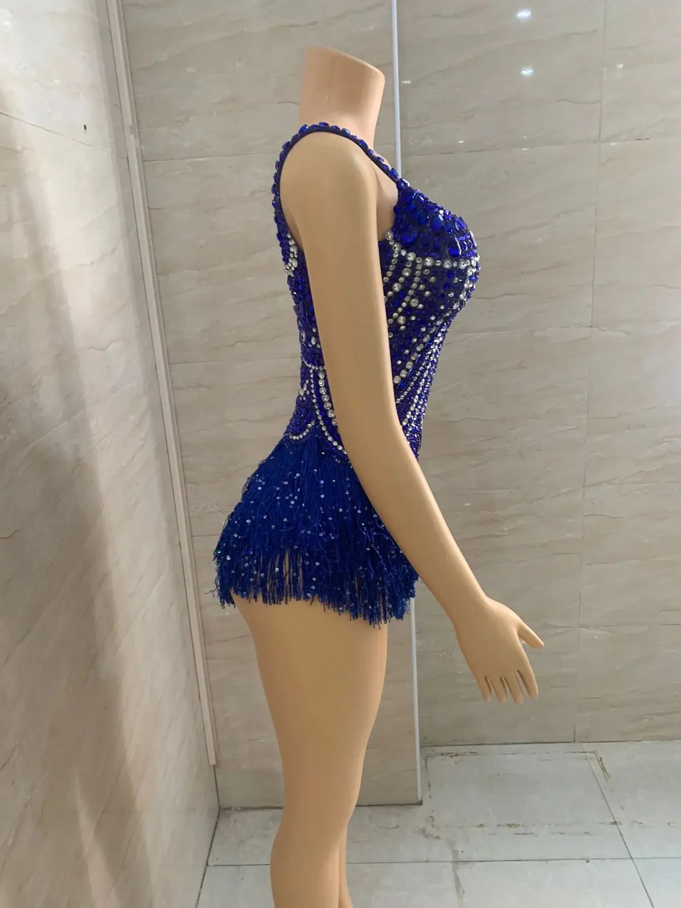 Body con flecos y diamantes de imitación azules para mujer, traje Sexy de baile Gogo, ropa de Pole Dance, Bar, club nocturno, Dj, Ds, Rave