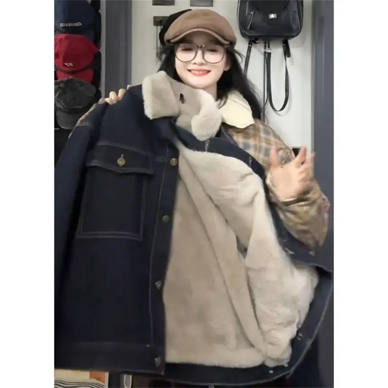 Denim Coat For Woman With Hoodie Fur Plush Womens Fall Boxy-Fit Sweet Cool Girl College Classroom Anti-Wrinkle Fleece-Lined Chic