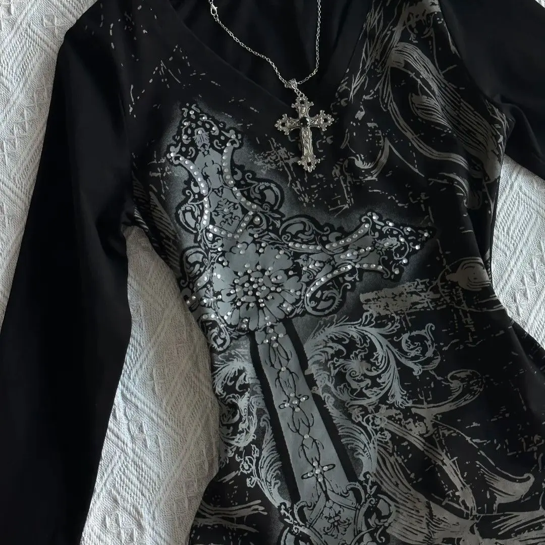 ريترو الهيب هوب Y2K تي شيرت موضة المرأة مثير كم طويل القوطية خمر الشرير الشارع الشهير بلايز عادية سليم الساخن فتاة الخريف تيز