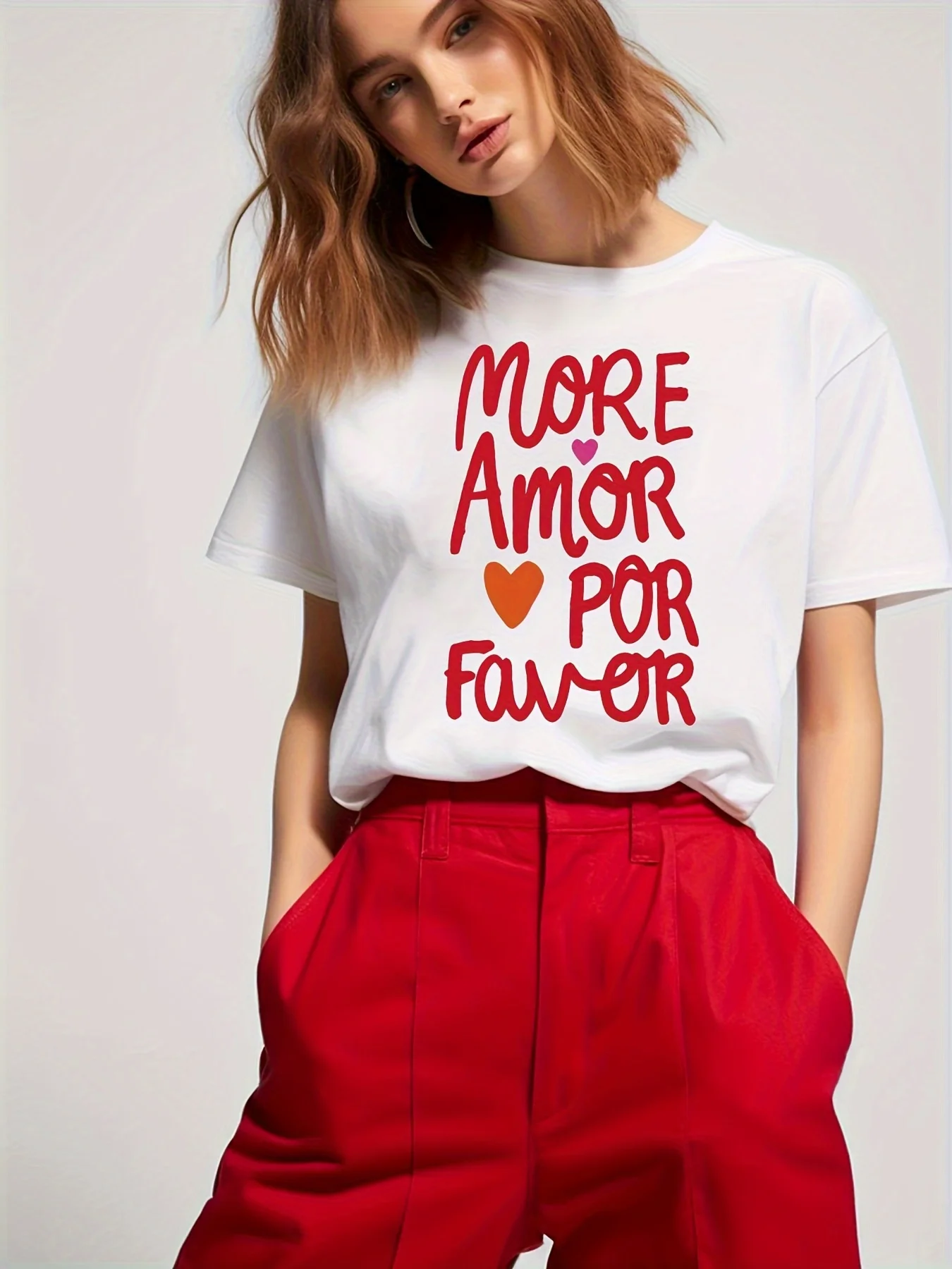 Women's White MORE Amor POR Favor Letter Print T-Shirt with Red Heart Design Harajuku Short Sleeve Casual Aesthetic Clothes