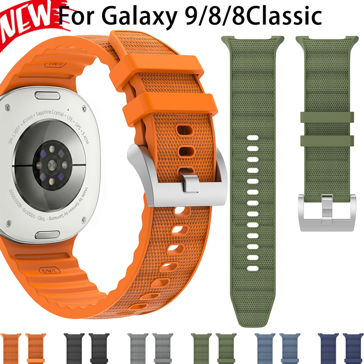 Silicone Nylon Band for Samsung Galaxy 9/8/ 40 44mm Adjustable Sport Strap for Galaxy 8 Classic 46mm Replacement Bracelet Belt
