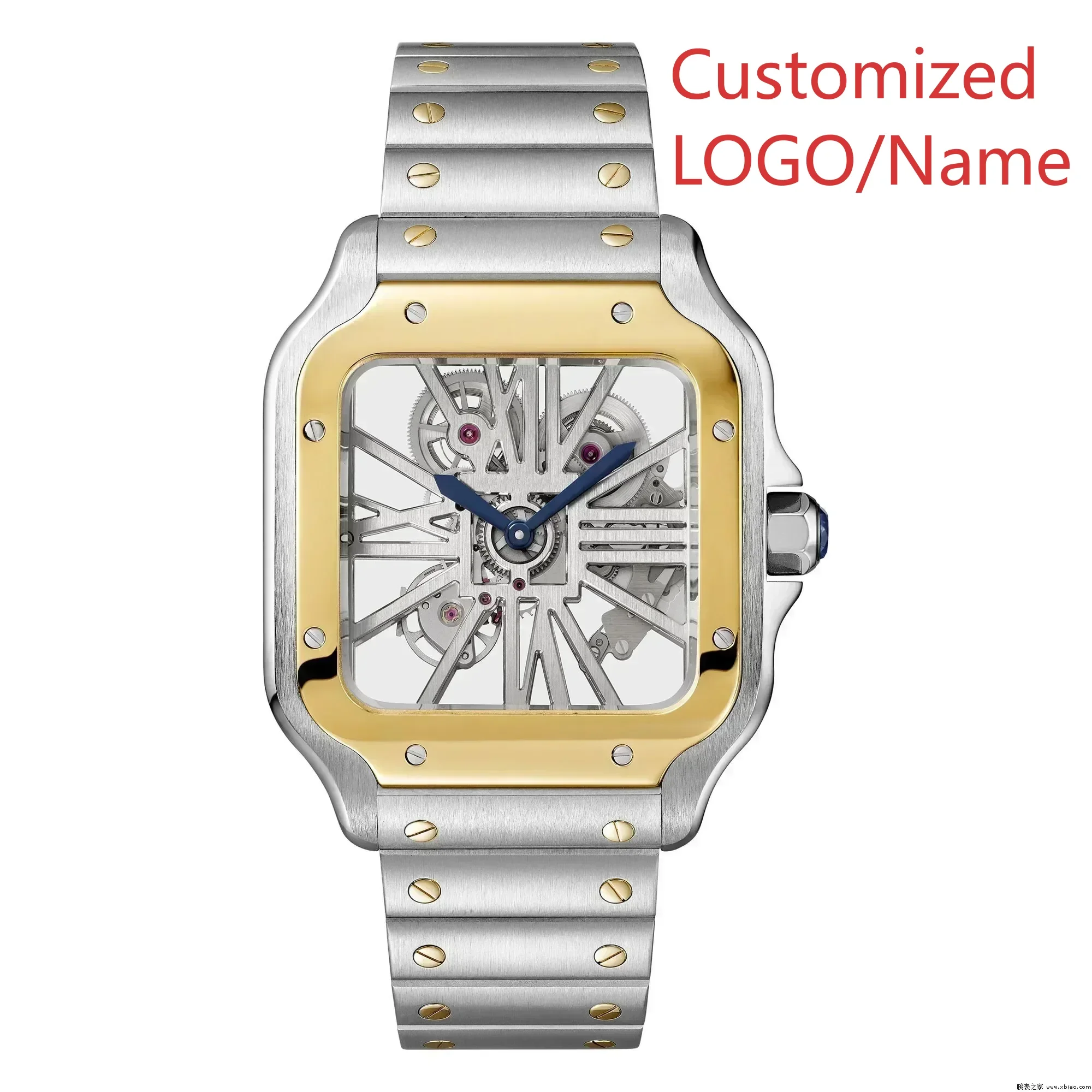 Модные часы Кварцевые полые часы из нержавеющей стали Синие кожаные квадратные наручные часы Мужские по индивидуальному заказу