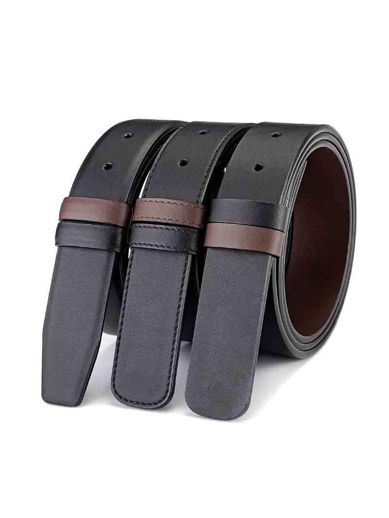 両面使えるメンズベルト、重ね着牛革、ファッショナブルなミニマリストデザイン、パンチングディテール、ツートンカラー、レザーストラップ、バックル留め