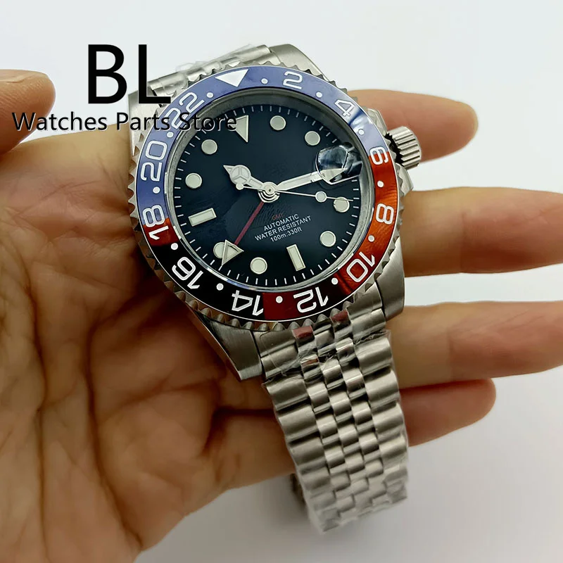 BLIGER 40mm Dive Automatic Men Watch NH34 GMT Black Dial Red GMT Letter Jubilee Bracelet Red Blue Pepsi Color Ceramics Bezel