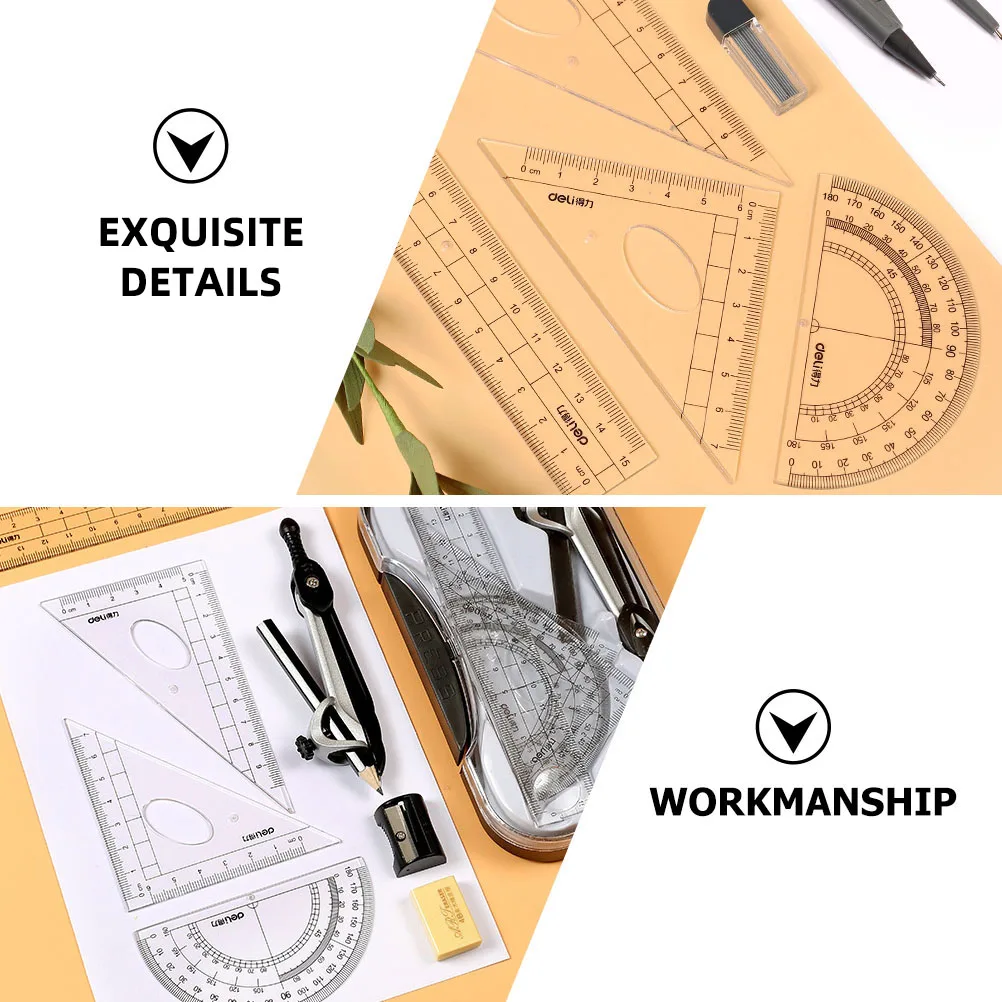 8pcs Drawing Supplies Set Plastic Alloy Compass Ruler Drafting Tools Stationery Kit Geometry Math Tool Eraser Practical
