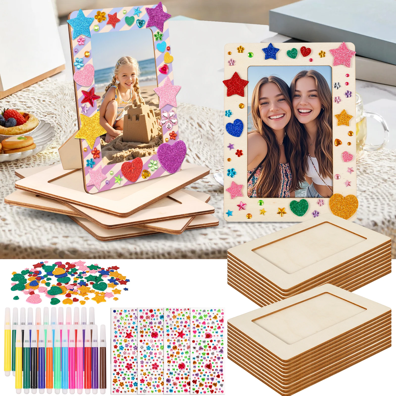 24Pcs DIY Wooden Picture Frames with Stickers Unfinished Wooden Craft Frames DIY Picture Holder for Home Decor Anniversaries