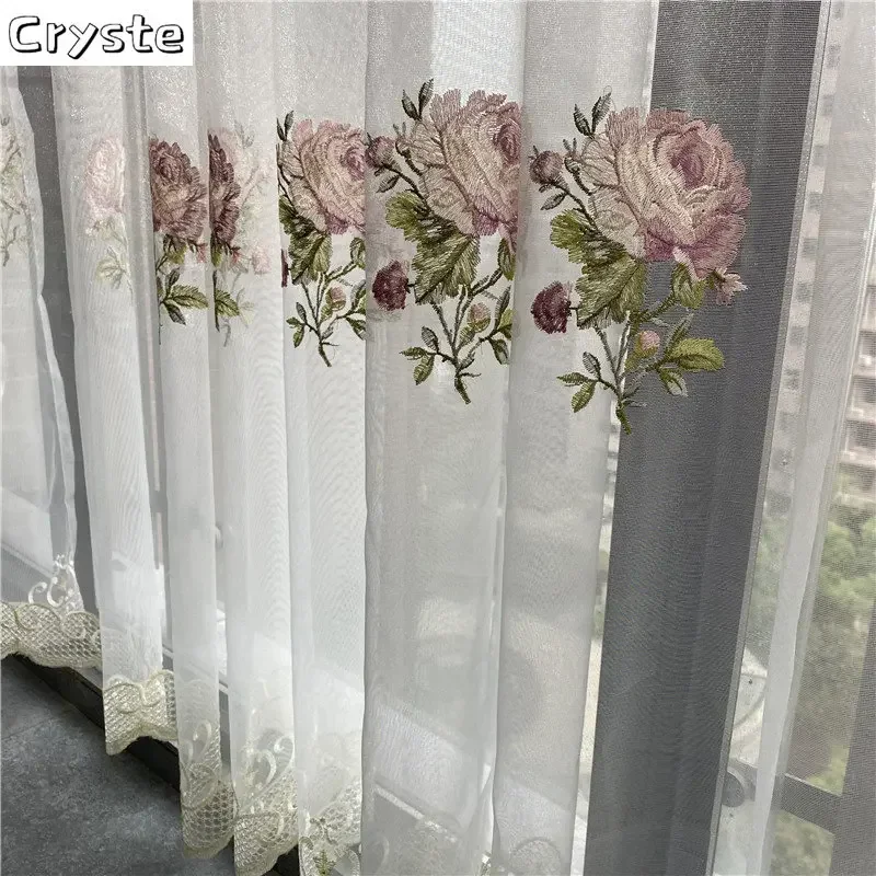 1PC American Luxury Peony Embroidery Tulle Curtain For Living Room European Elegant Flower Embroidery Sheer Voile Drapes Bedroom