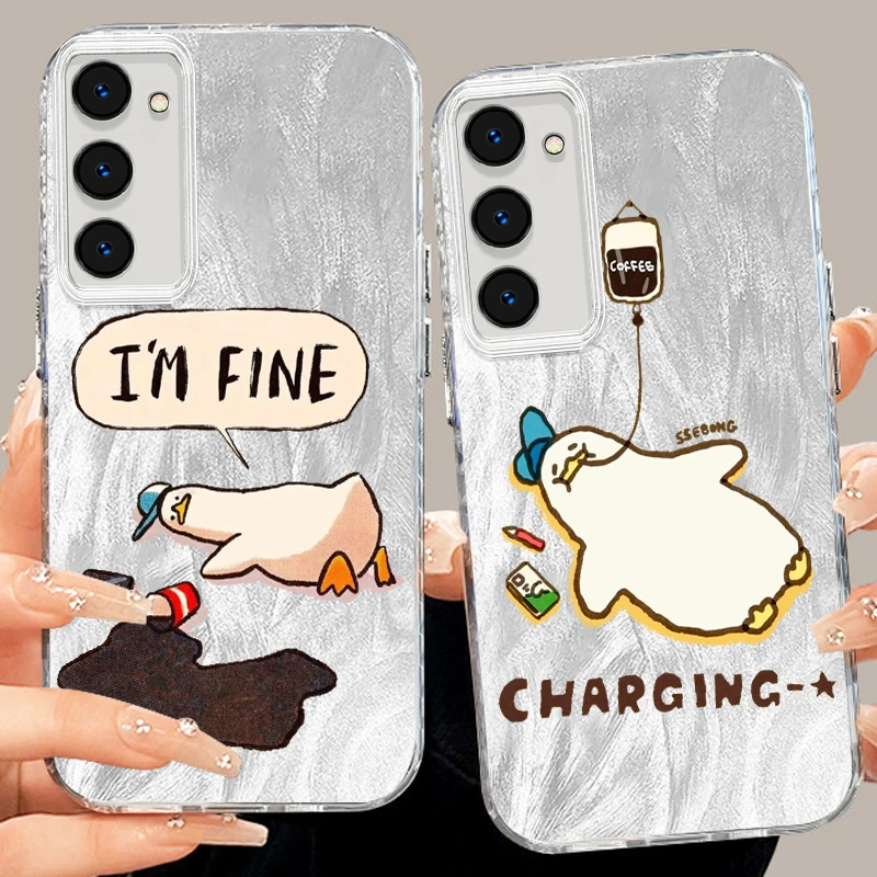 

Working Duck Coffee Cute For Samsung S24 S23 S21 FE Plus Ultra A03 A25 A23 A22 A21S A15 A14 A12 5G Feather Yarn TPU Phone Case