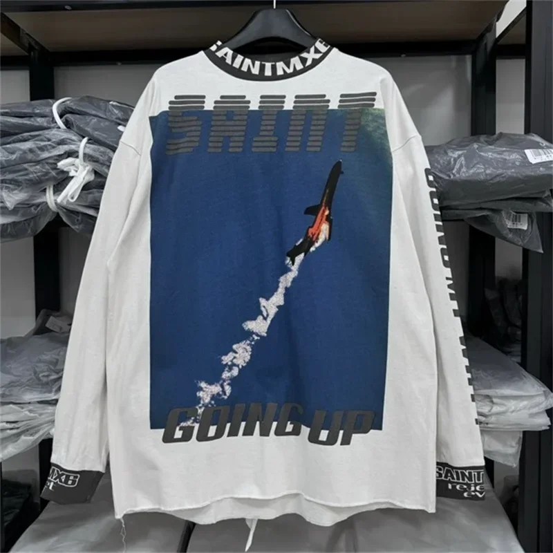 24ss Casual Saint Michael Oversized Hoodies Men Women 1:1 Washed White Pure Cotton Long Sleeved T-Shirt