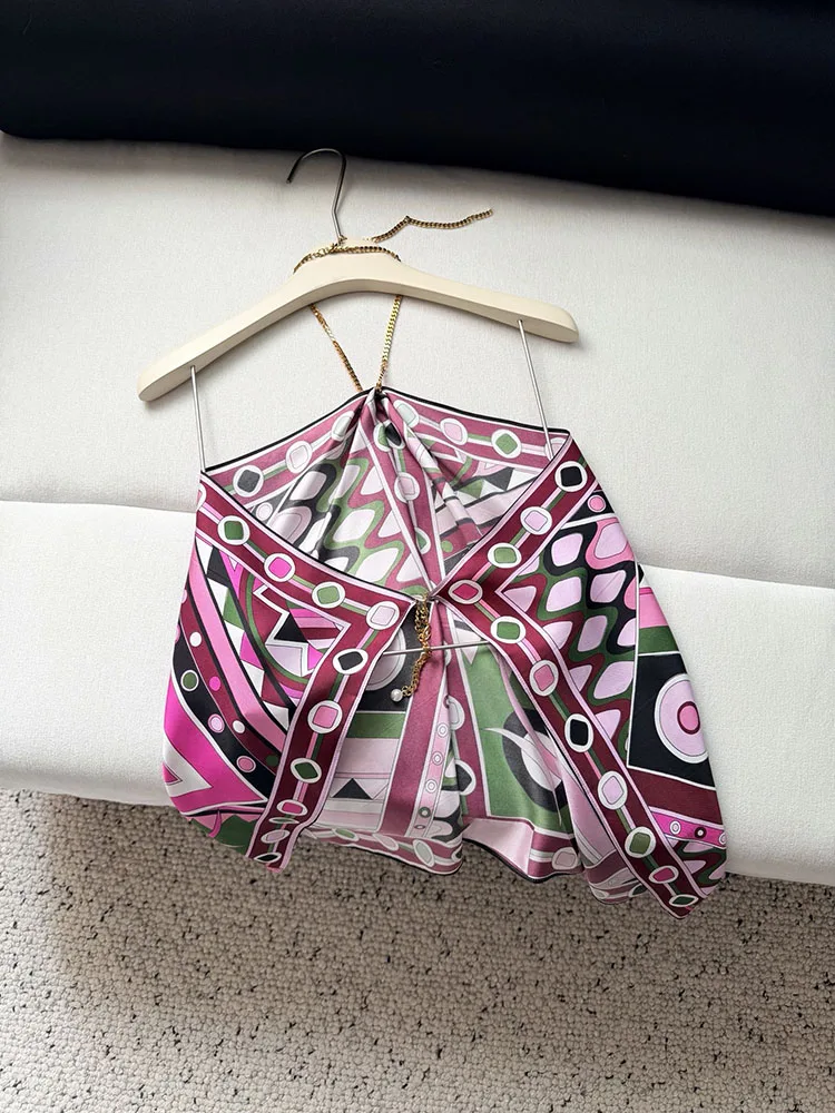 Women's Summer High Quality Runway Silk Printed Sexy Chain Stripped tank top, blouse 2026 New