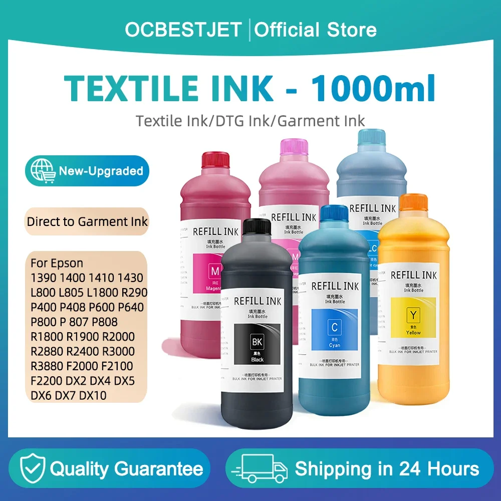 

1000ML Textile ink For Epson R1800 R1900 F2000 F2100 DX6 DX7 DX10 DTG TX800 R2400 R3000 5113 Printing Direct to Garment Textile
