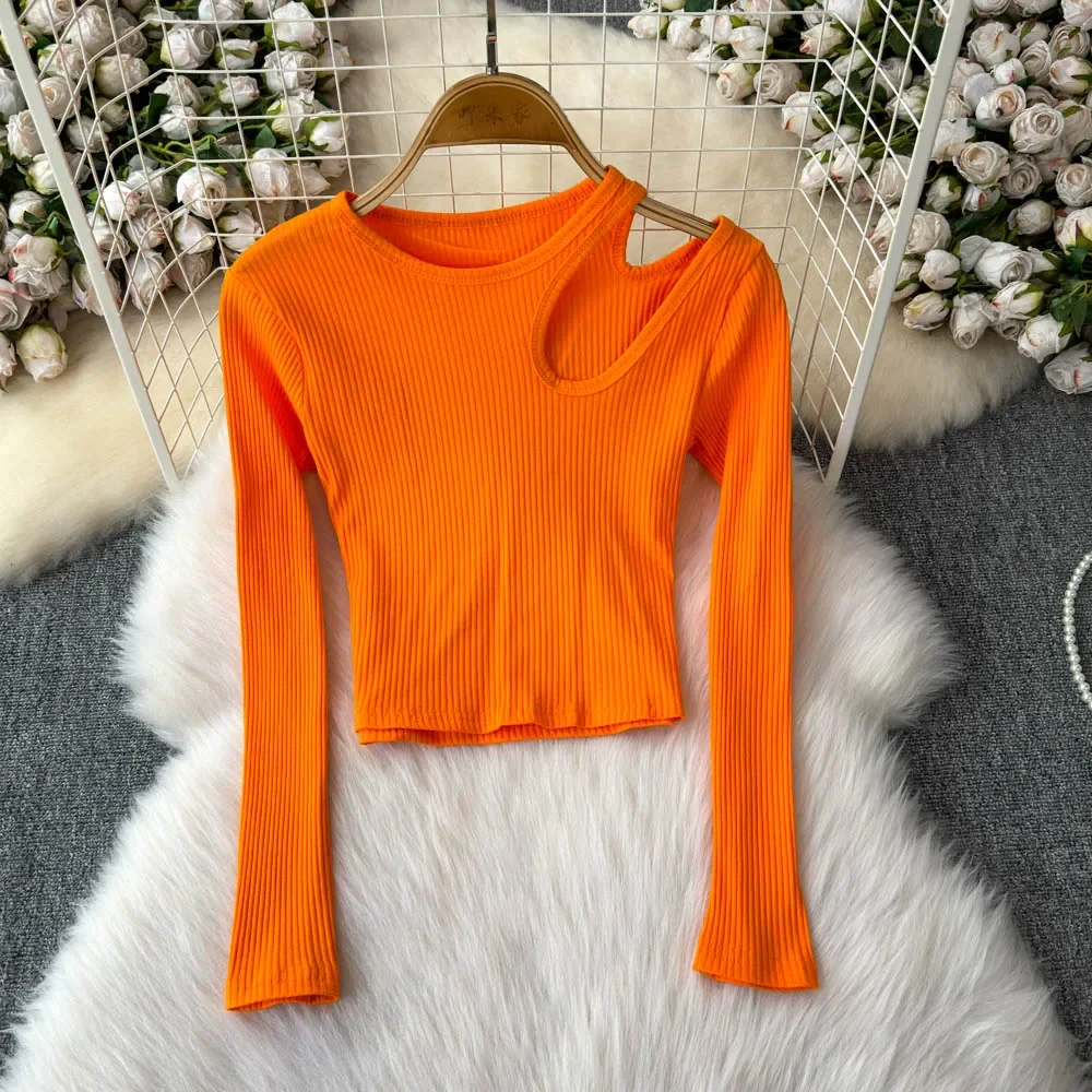 Basics Long Sleeves O-neck Hotsweet Chic Hollow Out Knitted Slim Short Top Streetwear High Street Autumn Winter Women T-Shirts