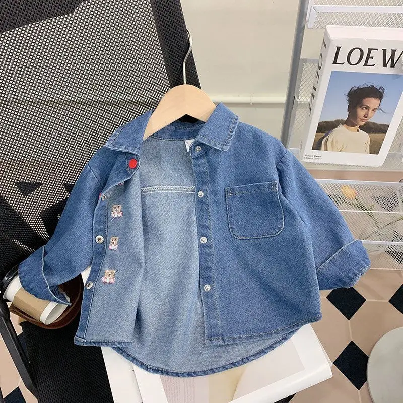 Camisa jeans bordada infantil, Tops com padrão de urso, camisas jean, fofas, princesa, casual, meninas, nova chegada, outono, inverno, 2022