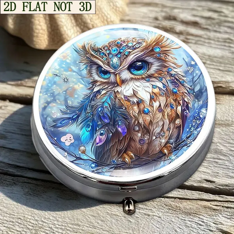 Single pack, flat, round three-compartment box, charming owl circular pattern design, storage box, bright colors, suitable for outdoor travel and office medication reminders