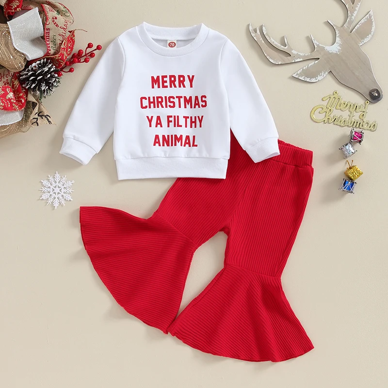 Baby Girl Winter Outfit Set with Festive Letter Print Sweatshirt and Flare Pants for Christmas Celebrations