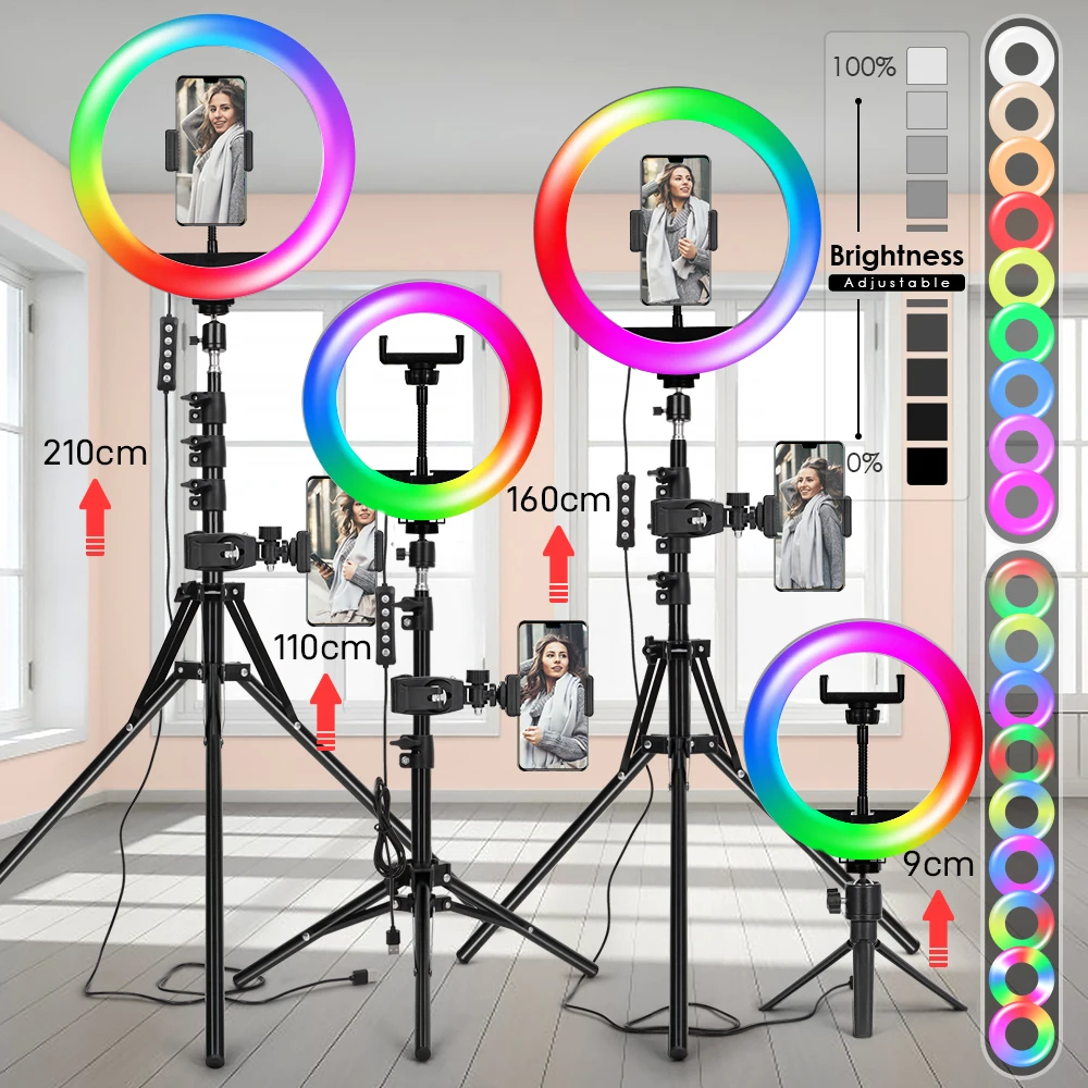 Tripod With RGB Ring Light For Phone Tripod Camera Stand Selfie Photography Light LED Lamp Color Photo Studio For YouTube Live