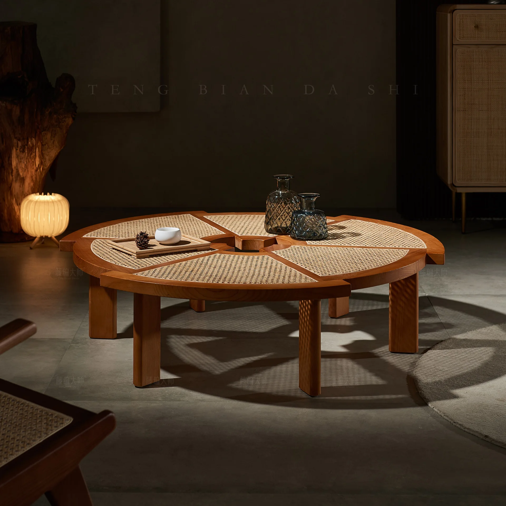 

Nordic modern simple rattan round coffee table Japanese round home solid wood creative round table retro wabi-**** wind coffee t