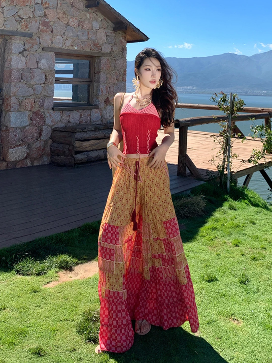 

Широкие брюки с принтом, женская модная туристическая одежда, комплект из двух предметов, этнический Sle Vaion, повседневный облегающий топ V Ne Top