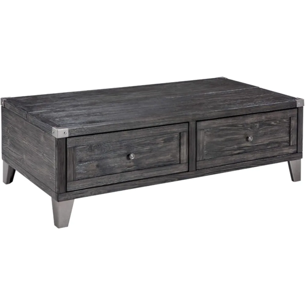 Todoe Industrial Rectangular Lift Top Coffee Table with 2 Storage Drawers, Dark Gray with Weathered Pine Finish