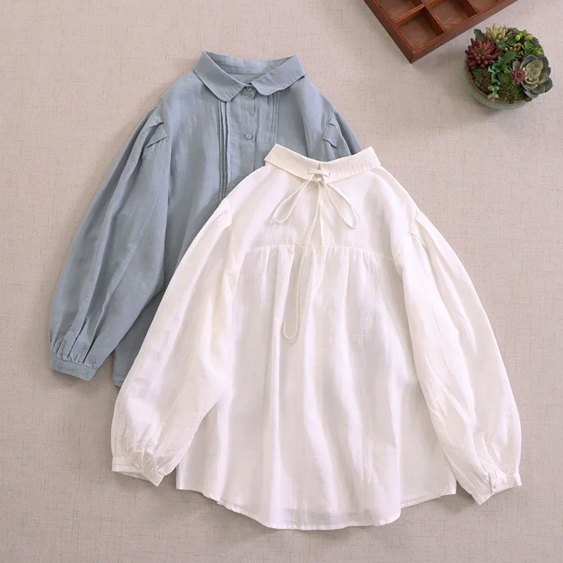 

Japan Style Mori Girl Retro Cotton Linen Blouse Loose Shirt Women Turn Down Collar Lantern Sleeve Casual Blusa Feminina Tops