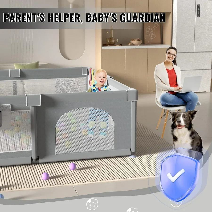 روضة أطفال كبيرة جدًا للأطفال الصغار 79 × 71 مع جيتس ساحات لعب للأطفال، منطقة لعب داخلية آمنة، كرات أوشن باللون الرمادي #4