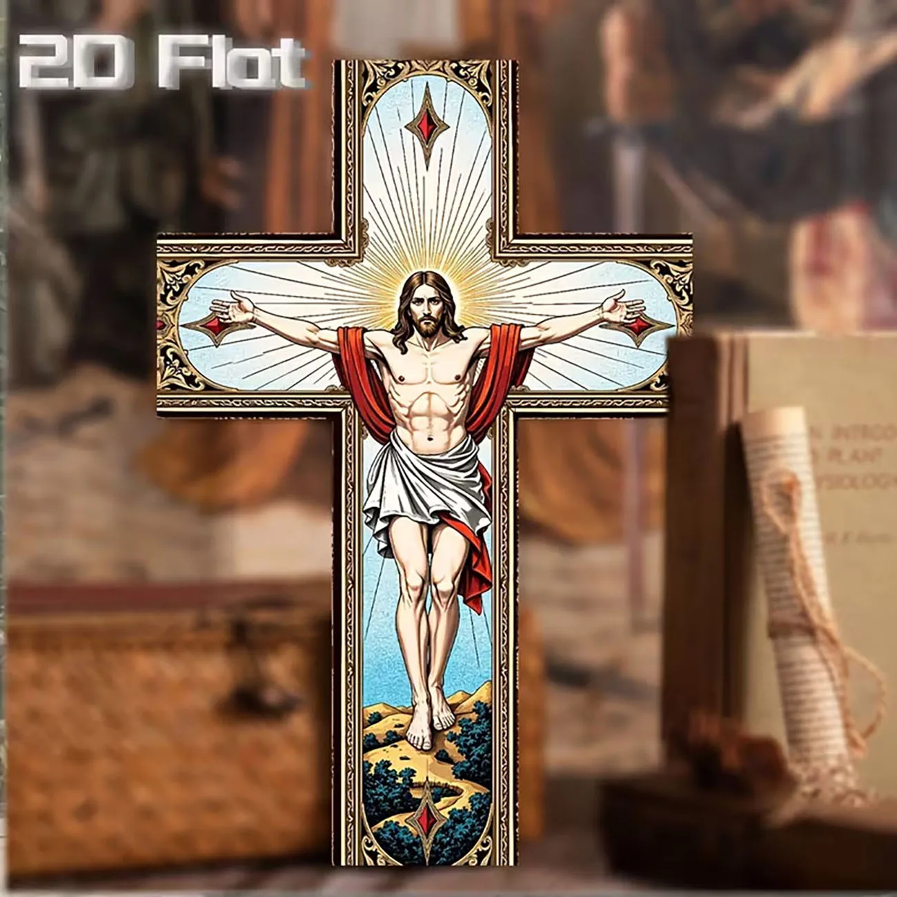 Wooden Jesus Sacred Heart Cross Wall Decor 2D Flat Print Religious Wall Art for Chapel Home Decoration