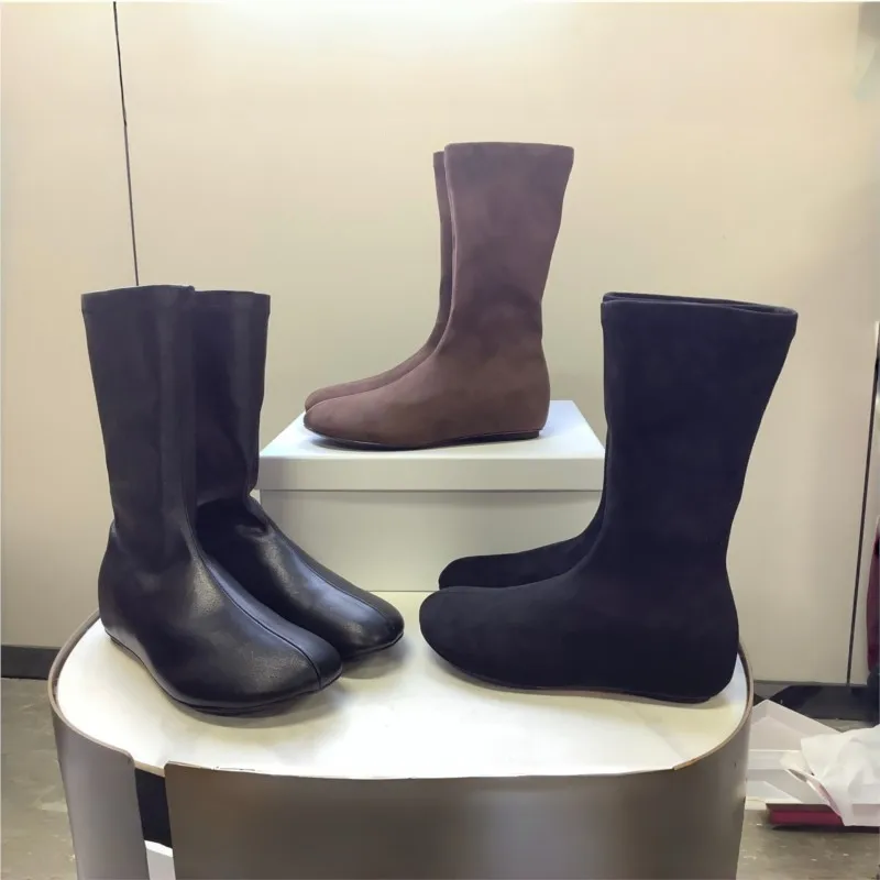 Women's Sheepskin Stretch Thigh High Boots Matte & Glossy Black On Sock Boots Flat Elastic Long Boots Autumn Winter Shoes