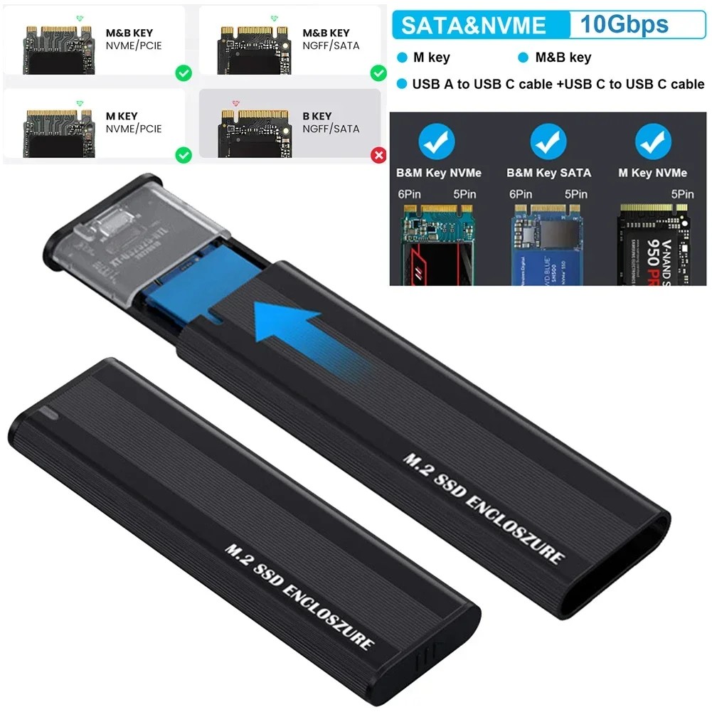 

10Gbps M2 SSD Case NVME Enclosure SATA Dual Protocol M.2 to USB Type C 3.1 SSD Adapter for 2230/2242/2260/2280 M.2 SSD Box