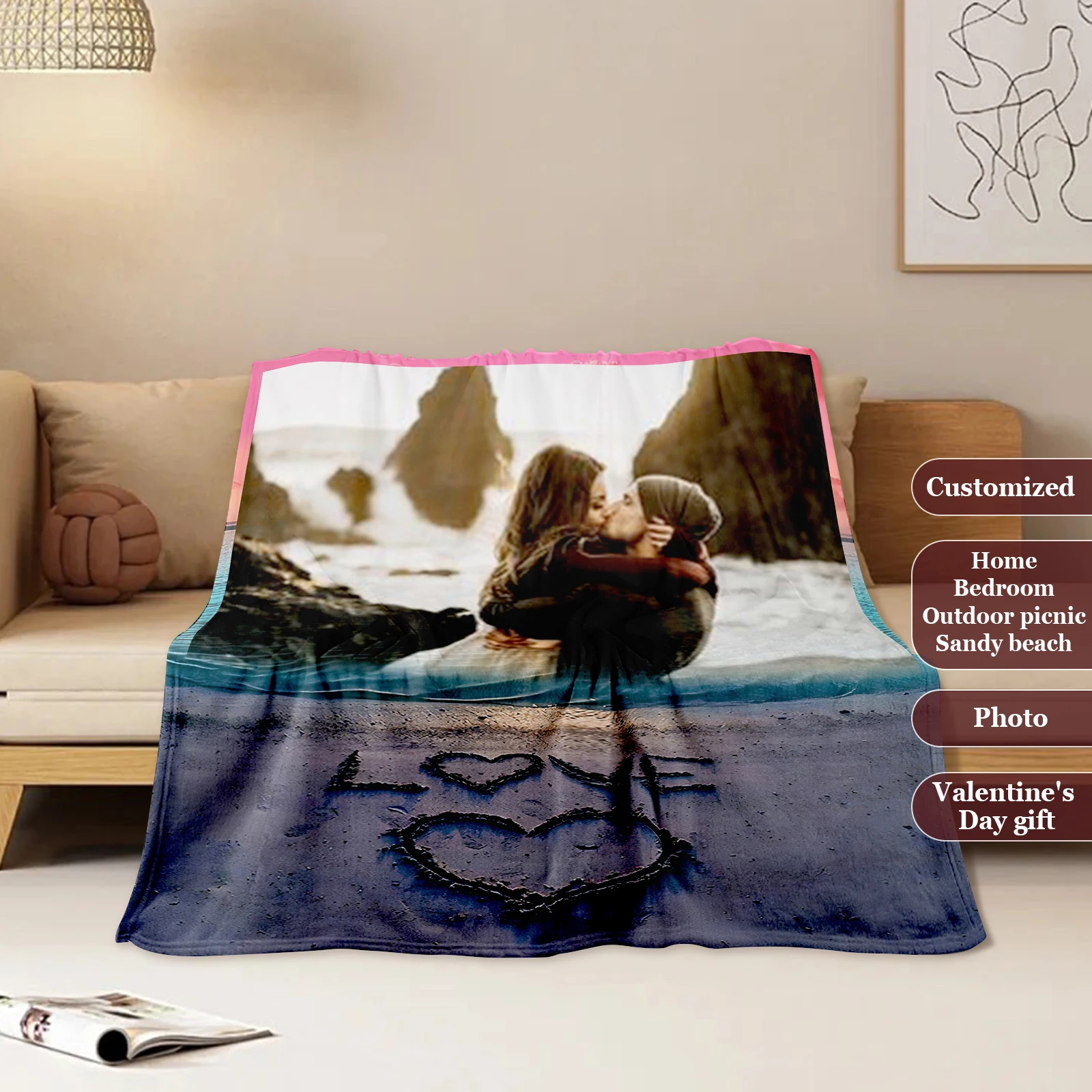 

Customized Beach Romance Memory Blanket Couple Seaside Embrace Valentine's Day Creative Gift Sofa Bedroom Office Available