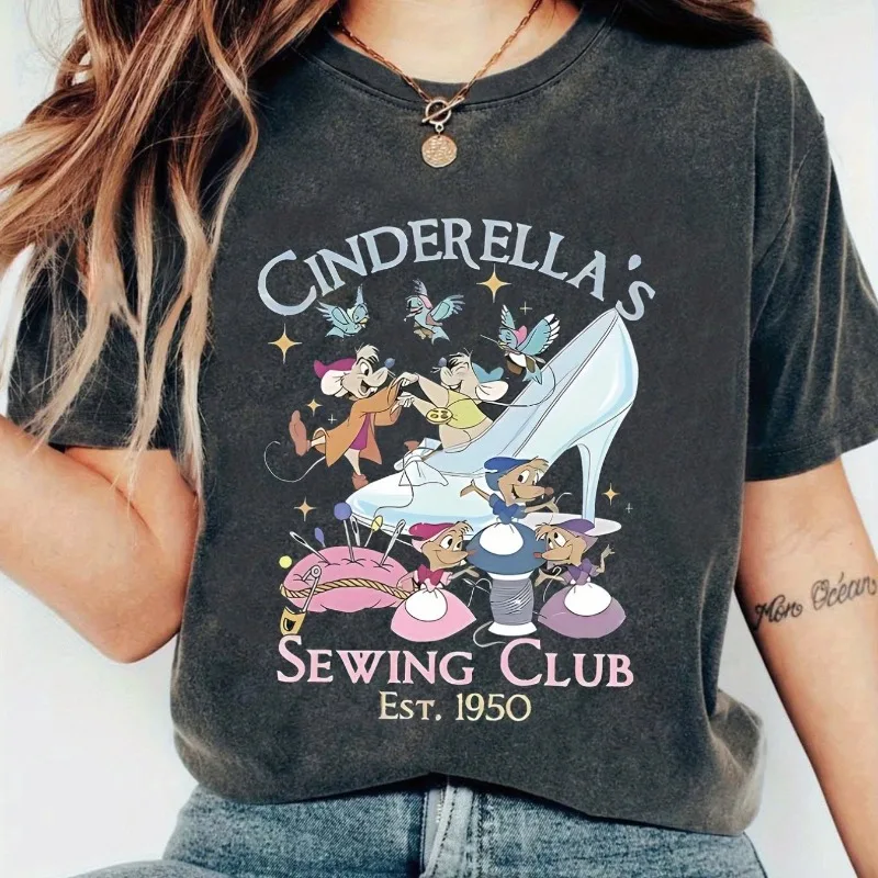

Disney Style Women's Cinderella Sewing Club Comfortable Color Shirt Unisex All Season Pure Cotton Bottom Shirt Retro Clothing
