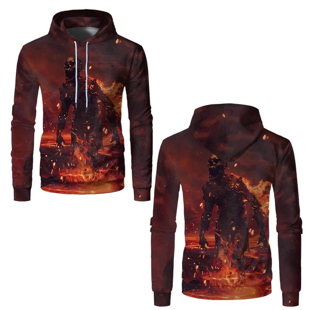 3D Print Flaming Skull Graphic Hoodie For Men Loose Comfortable Long Sleeve Hooded Pullover Creative Flame Pattern Men's Clothes